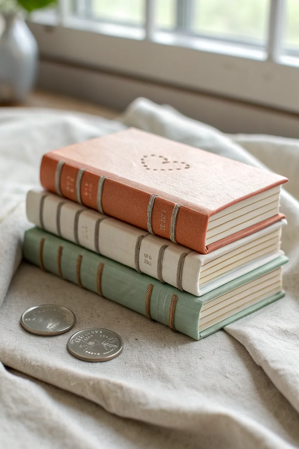 Mini clay book stack with tiny heart icon, sweet micro decor for minimalist shelves.