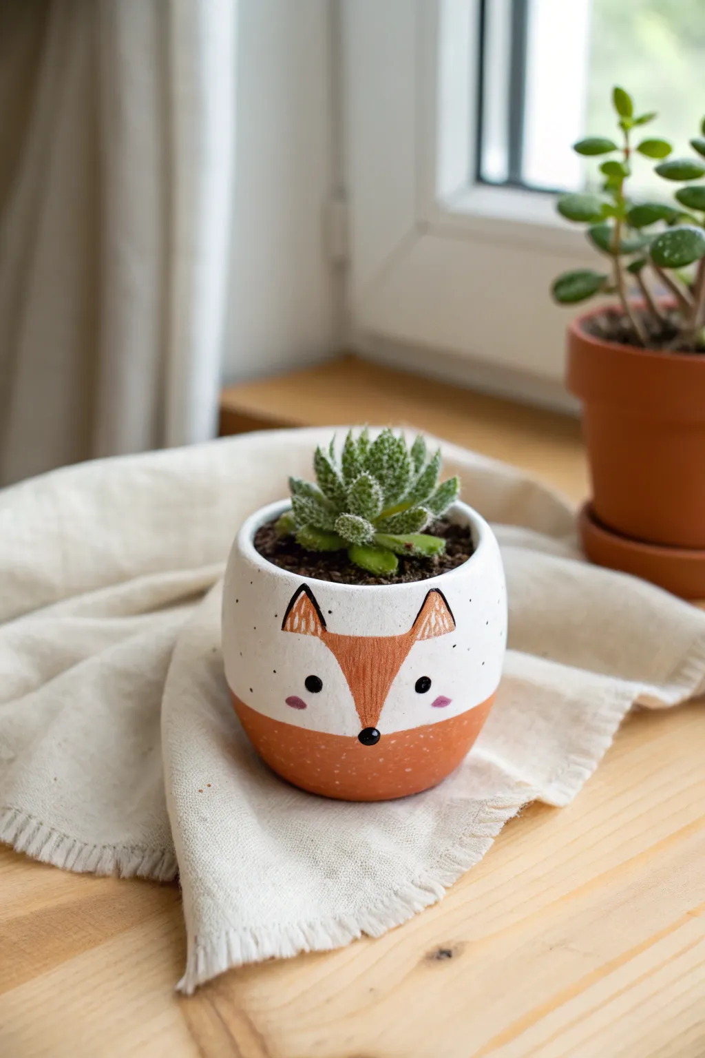 Tiny fox-face mini planter with leafy hair, minimalist clay decor for a cozy boho shelf.