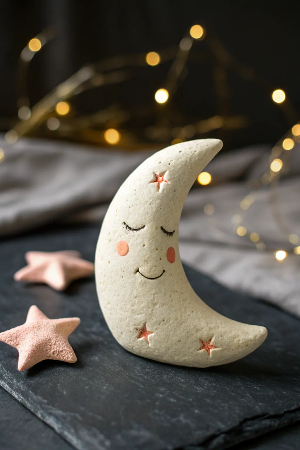 Mini Starry Moon Buddy, a sleepy crescent with tiny stars for dreamy shelf decor.