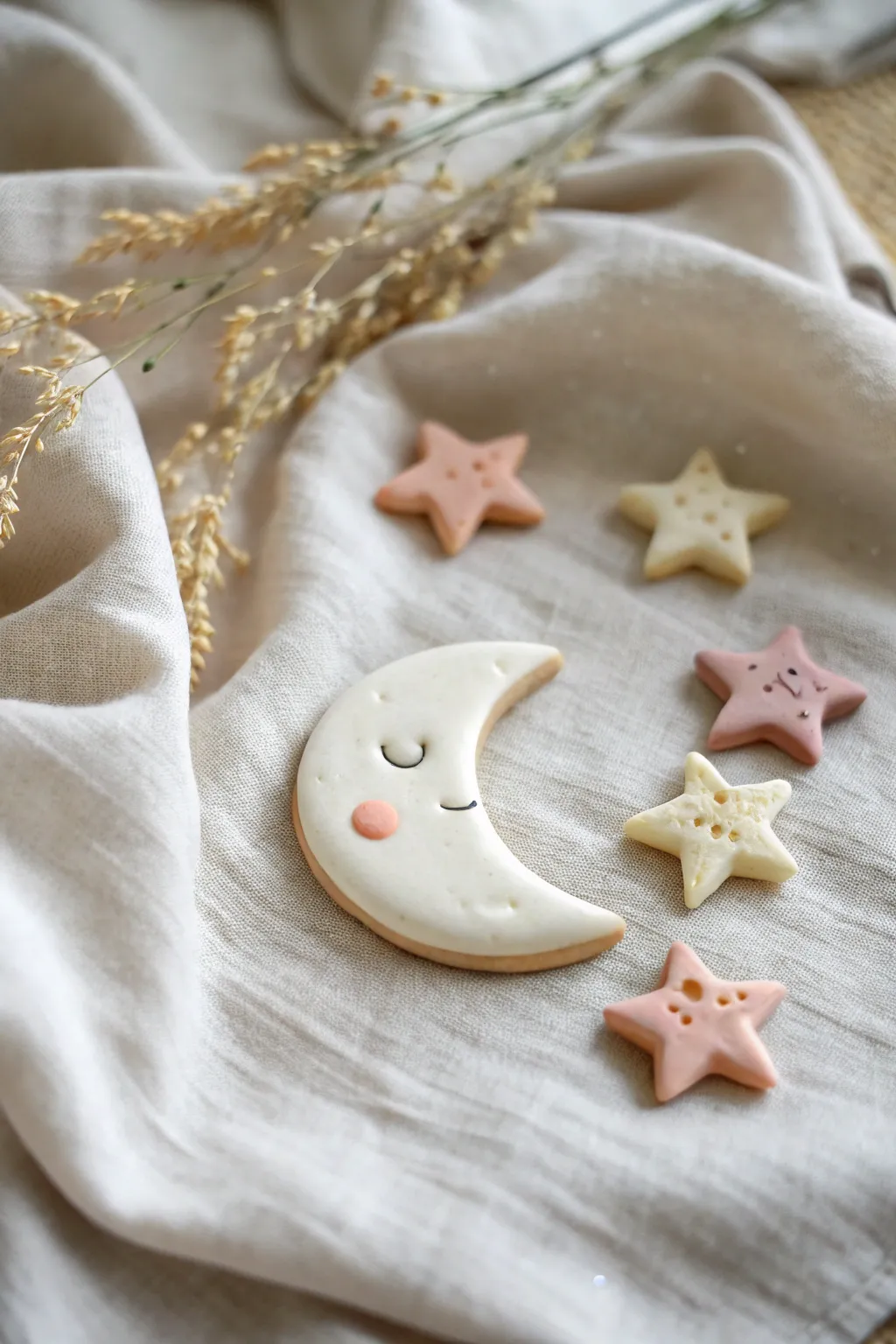 Dreamy mini polymer clay moon, star, and cloud charms styled on soft linen in calm pastel tones