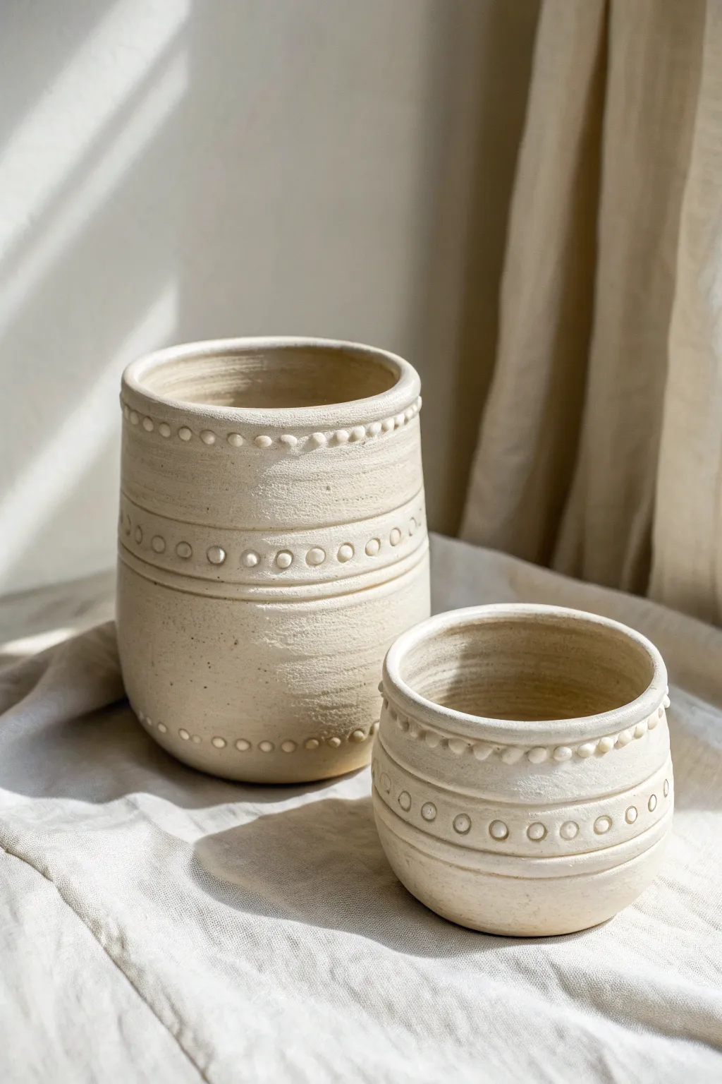 Two tiny coil pots with a single textured band, minimalist and warmly handmade