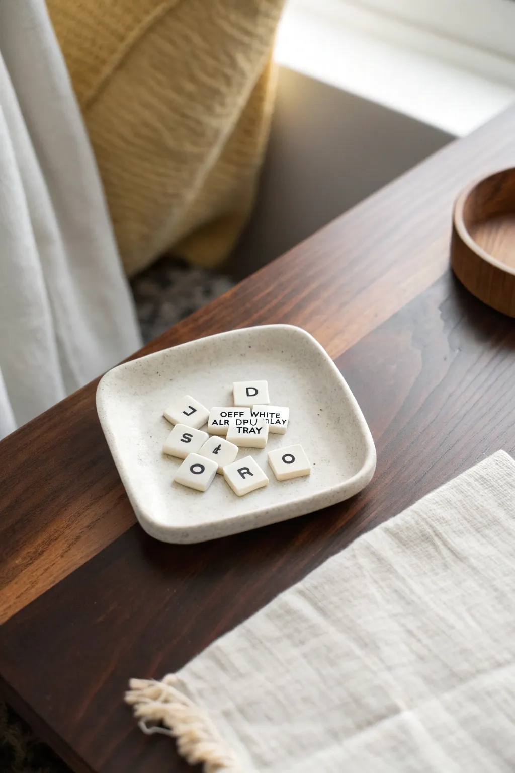 Mini clay tiles and tags in a simple Scandi tray, perfect for personalized name accents.