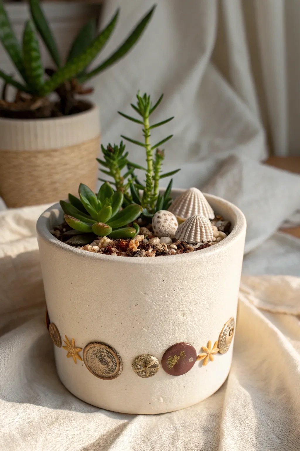 Matte planter with a simple found-object collage, an easy mixed media ceramics idea with boho charm.