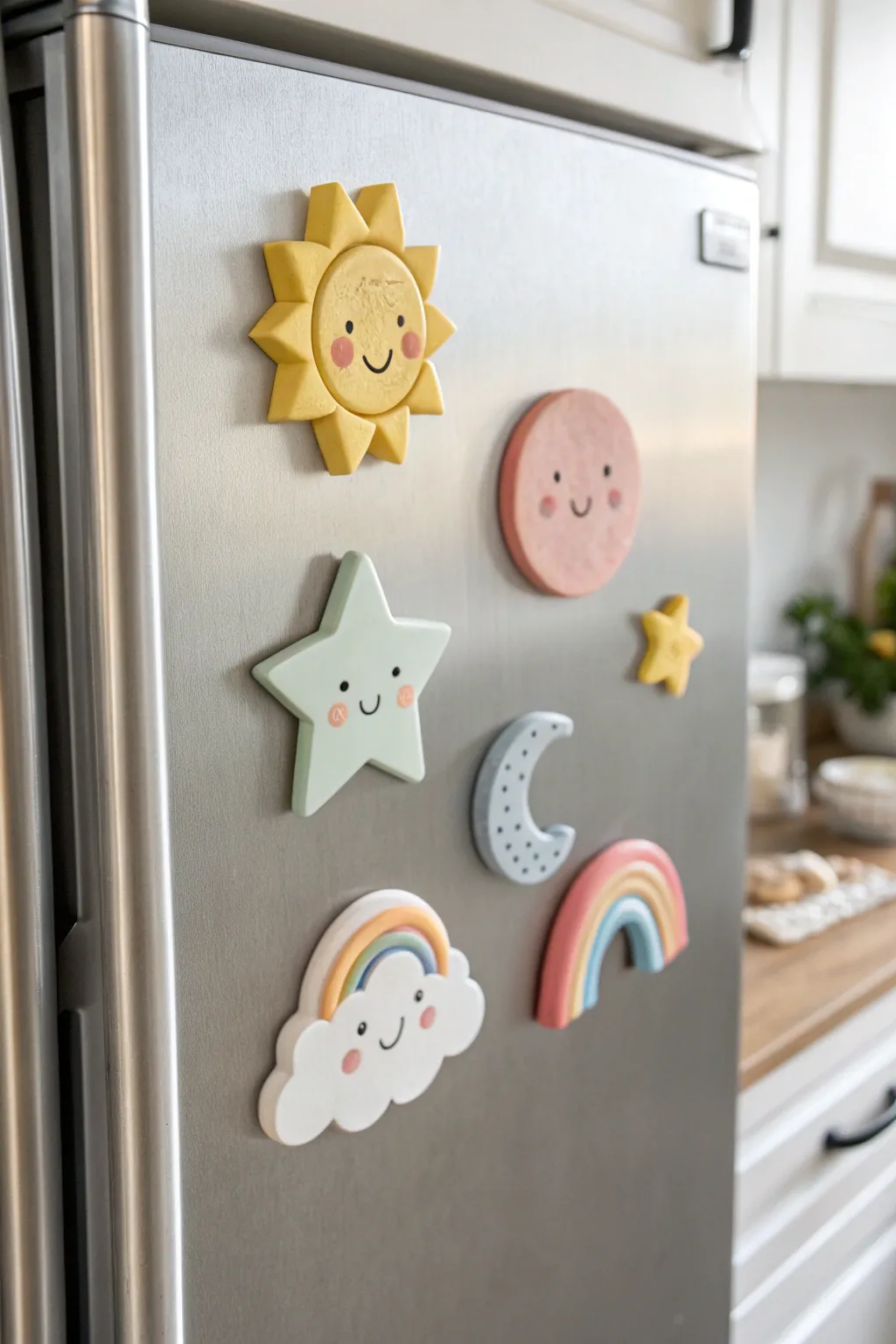 Soft pastel sun, star, cloud and rainbow magnets bringing boho charm to a minimalist kitchen.