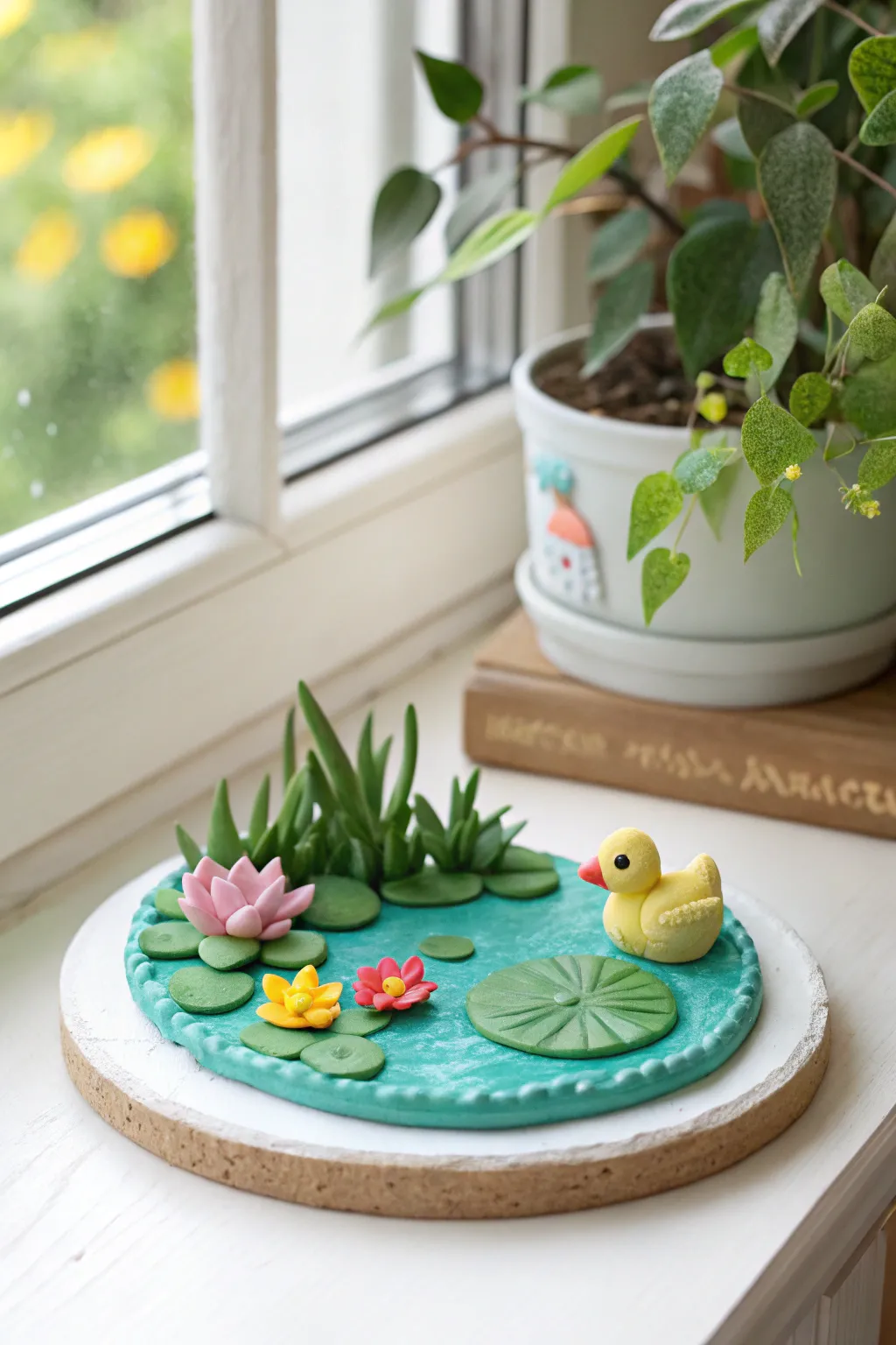 Whimsical clay mini pond with lily pad and tiny duck, a sweet beginner friendly garden scene