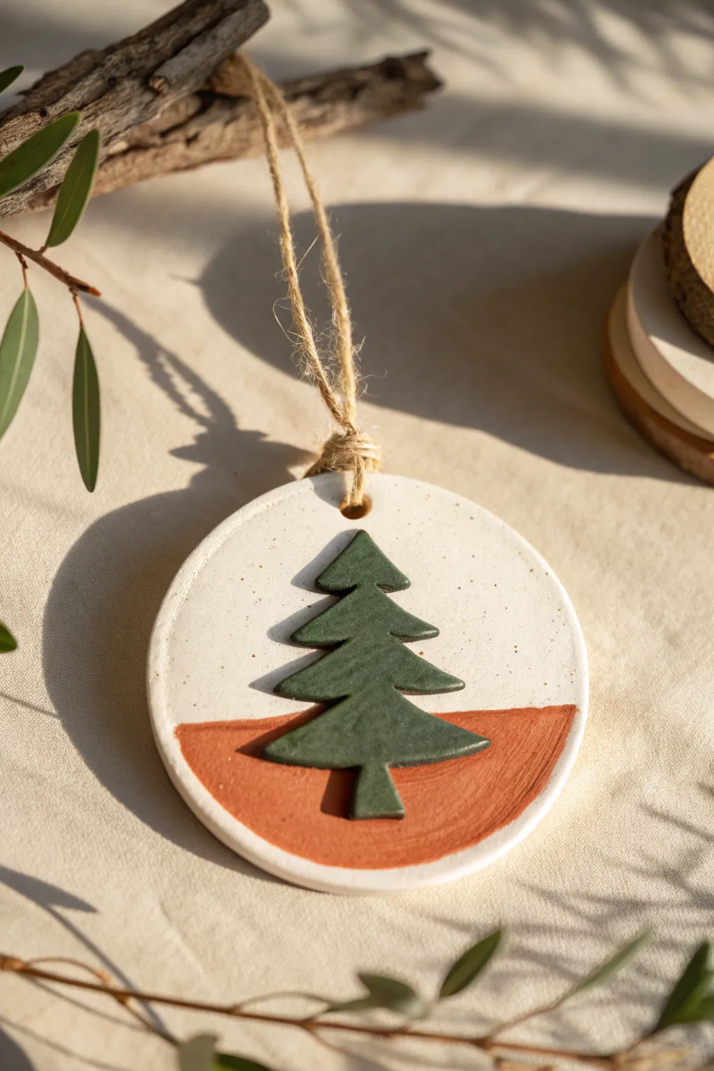 Layered color-blocked clay ornament in modern holiday tones for a minimalist boho tree.