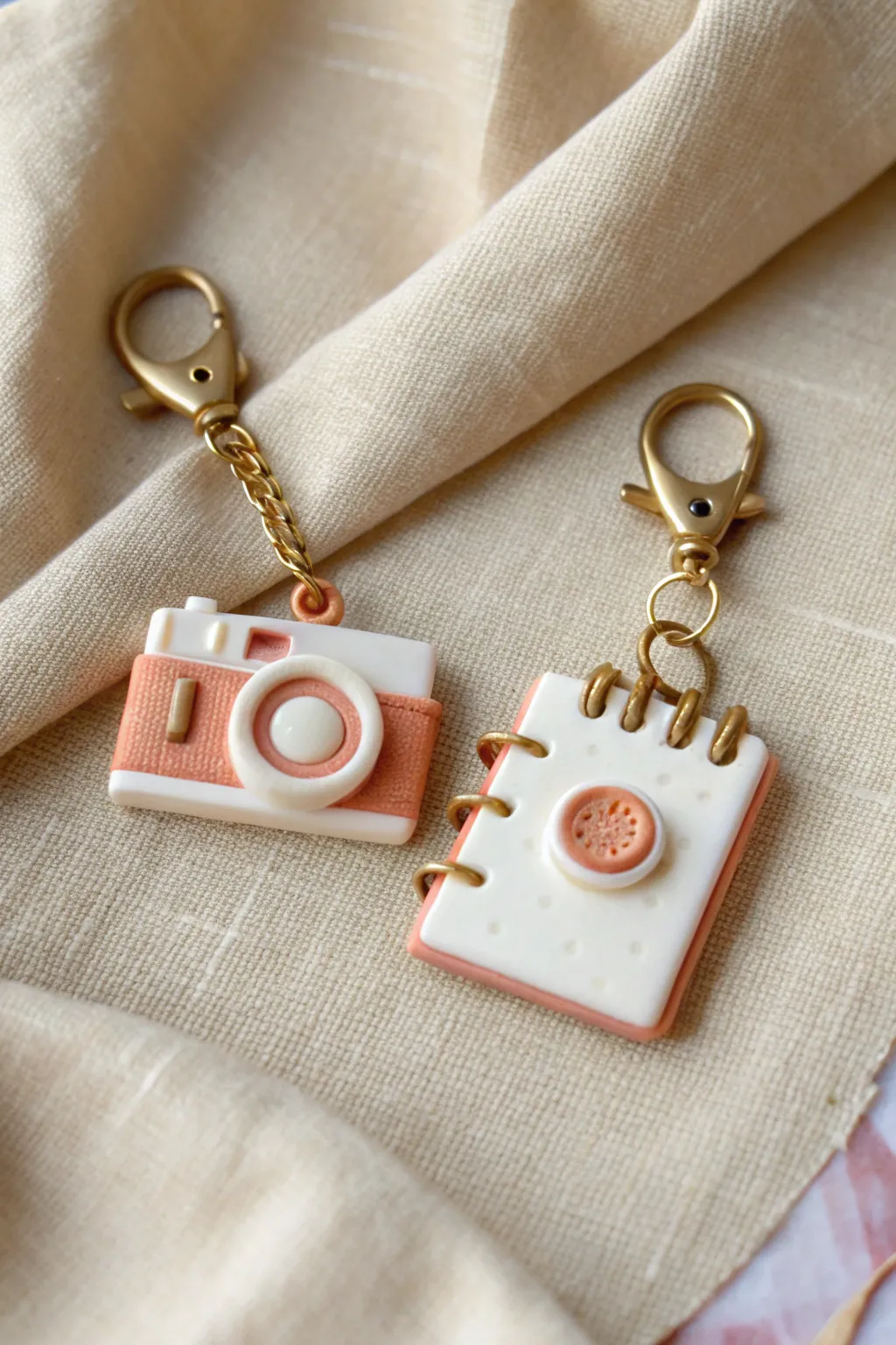 Matching hobby charms for two: minimalist camera and notebook pendants with a soft boho feel