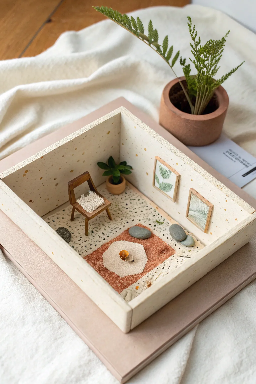 Mini clay room box diorama with chair, plant, and rug in calm Scandinavian boho tones