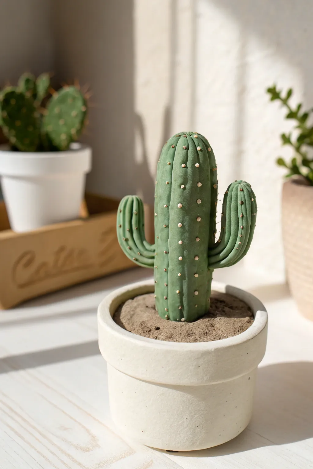 Beginner-friendly mini clay cactus with dotted texture in a simple pot, minimalist boho style