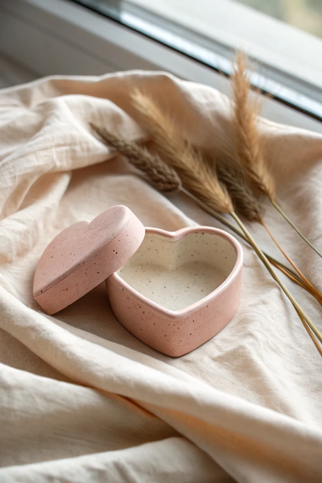 Tiny heart locket trinket box in soft pastels, minimalist handmade charm for your shelf.