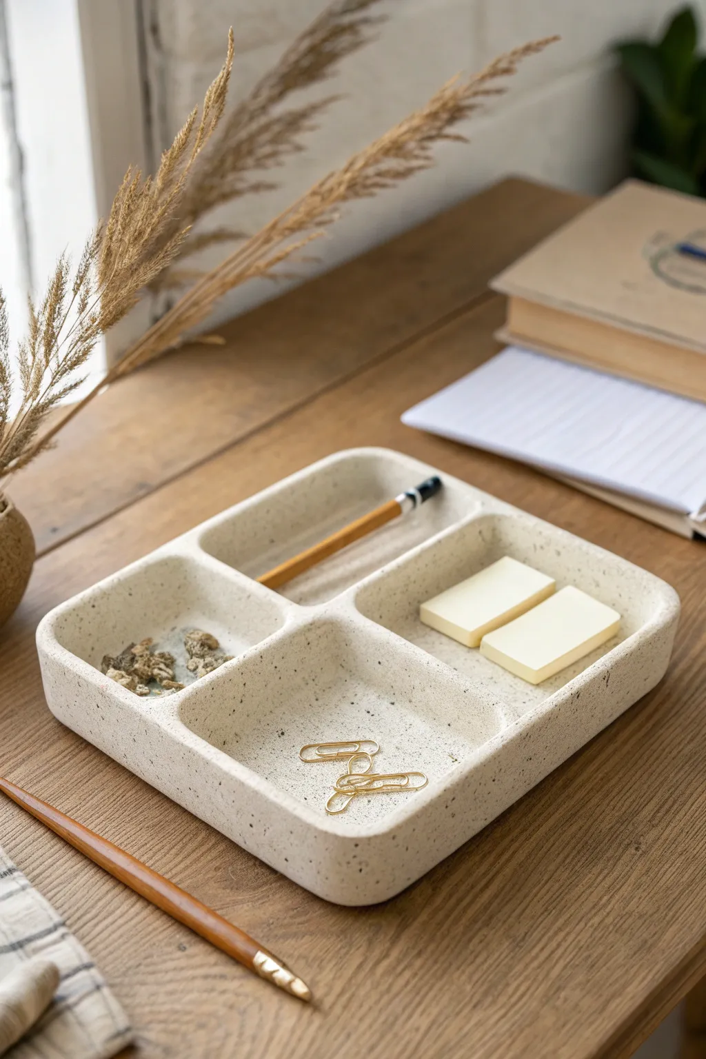 Minimal molded clay desk organizer with pocket sections for clips, pen, and notes.