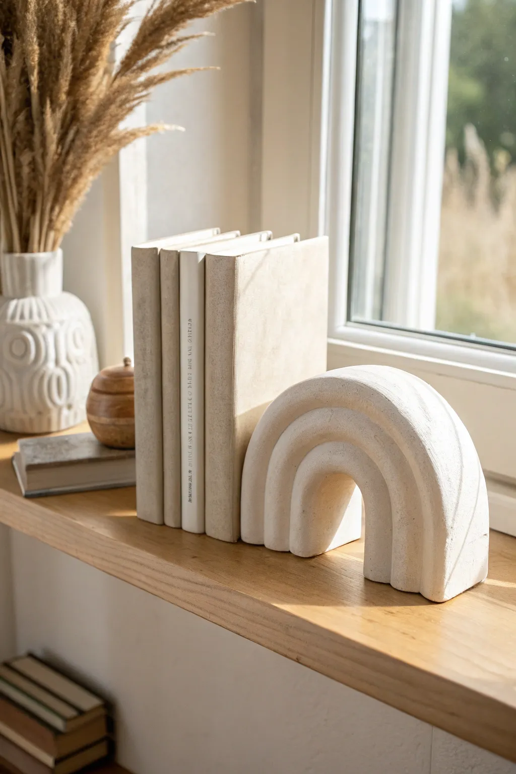 Curvy matte clay bookends for a calm, sculptural shelf moment with minimalist boho warmth.