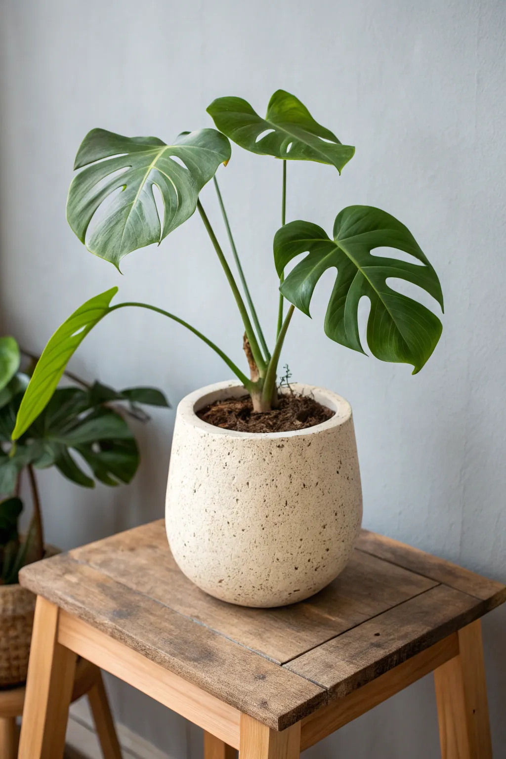Sculptural ceramic planter with a wide rim that beautifully frames Monstera aerial roots.