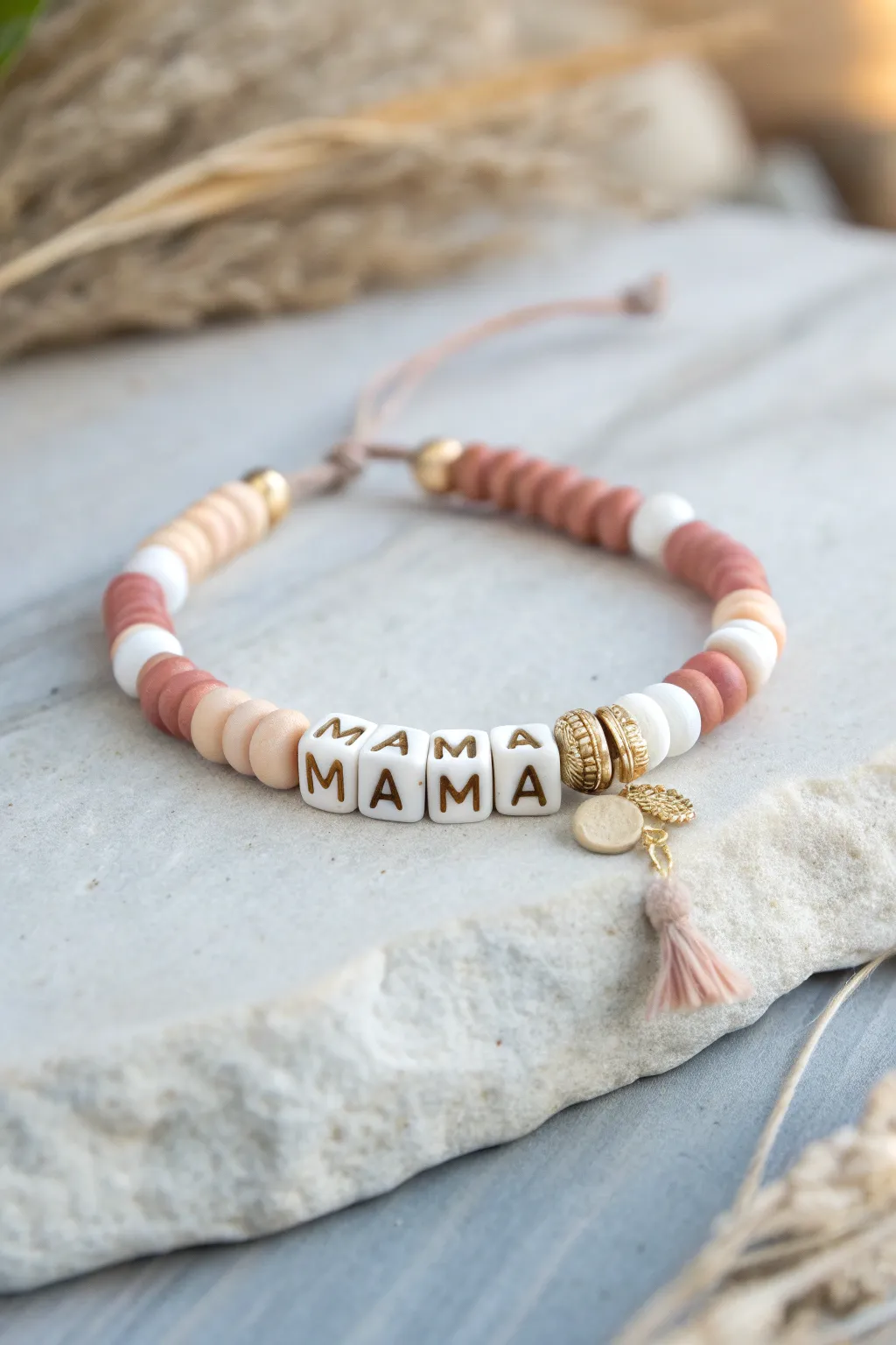 Minimal clay heishi bracelet with a tiny charm and MAMA beads, a sweet Mother’s Day gift.
