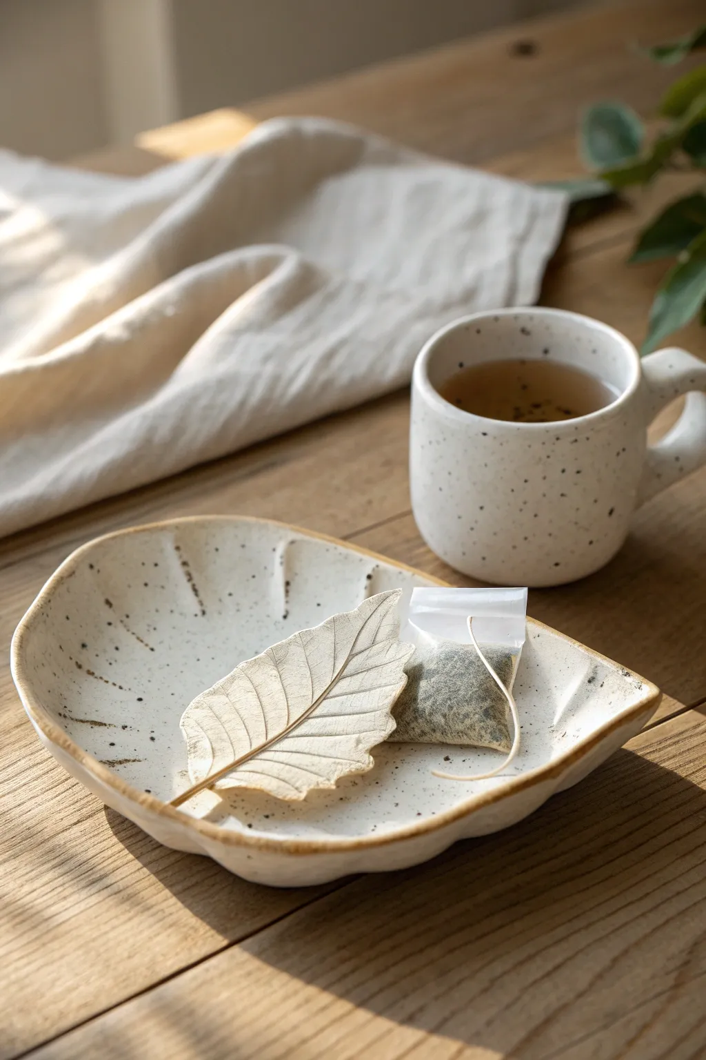Handmade leaf clay tea bag holder beside a simple cup of tea, perfect for a cozy Mother’s Day