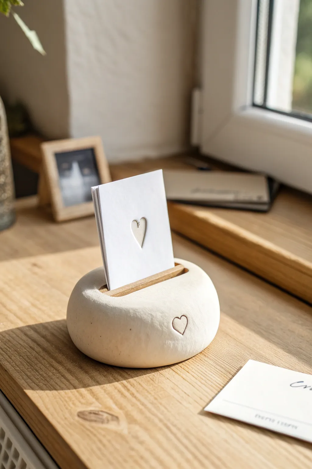 Easy Mothers Day clay photo holder with a sweet heart detail, minimalist handmade charm