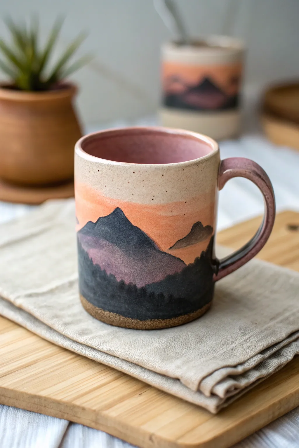 Wrap-around mountain silhouette mug in sunset tones, minimalist and cozy with warm steam.