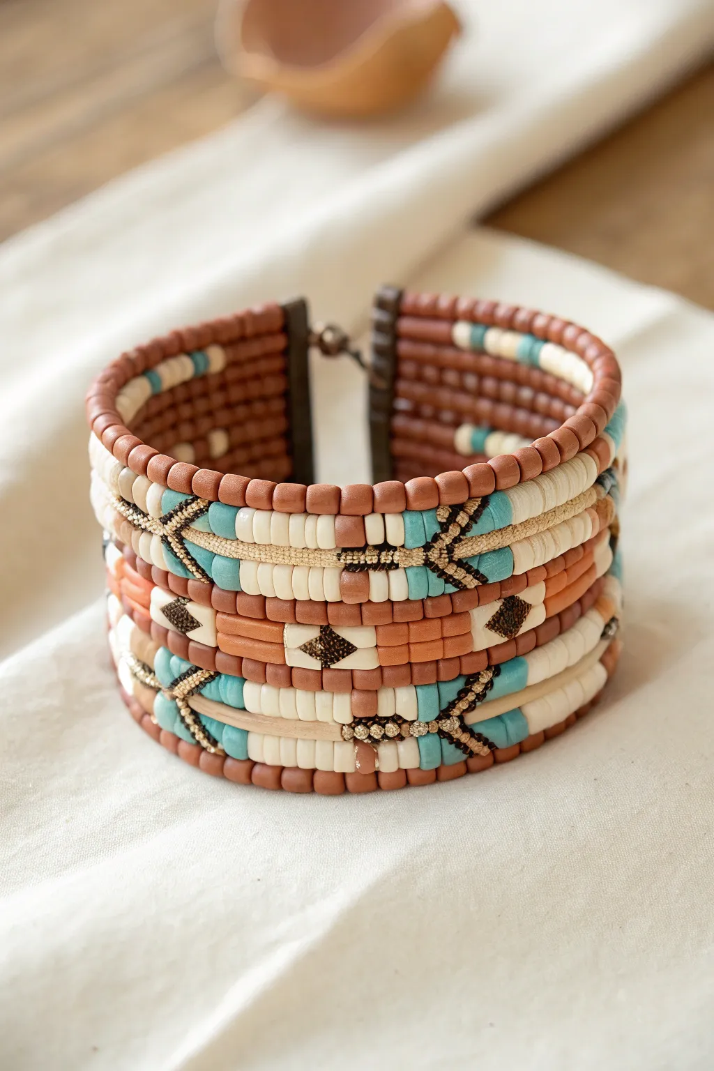 Wide clay Heishi multi-strand cuff with earthy geometric stripes for a clean boho look.