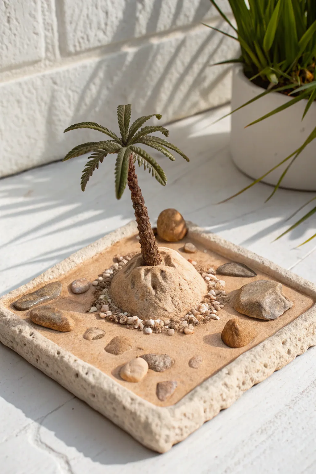 A tiny clay island tile with rock, water, and nature textures for calm minimalist decor.