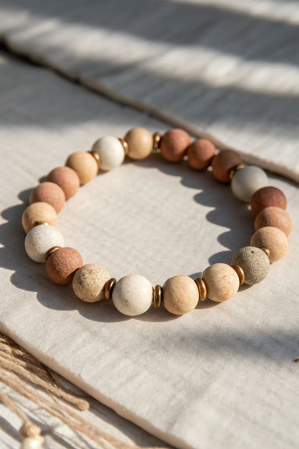 Airy neutral clay bead bracelet with intentional gaps for a modern, minimalist boho look.