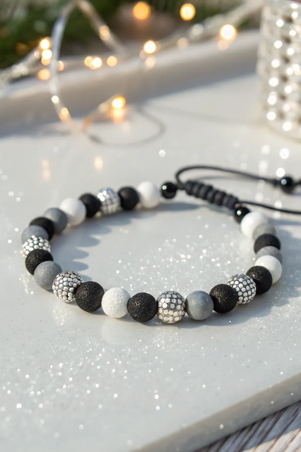 Monochrome clay bead bracelet with subtle disco sparkle for chic New Year minimal boho vibes