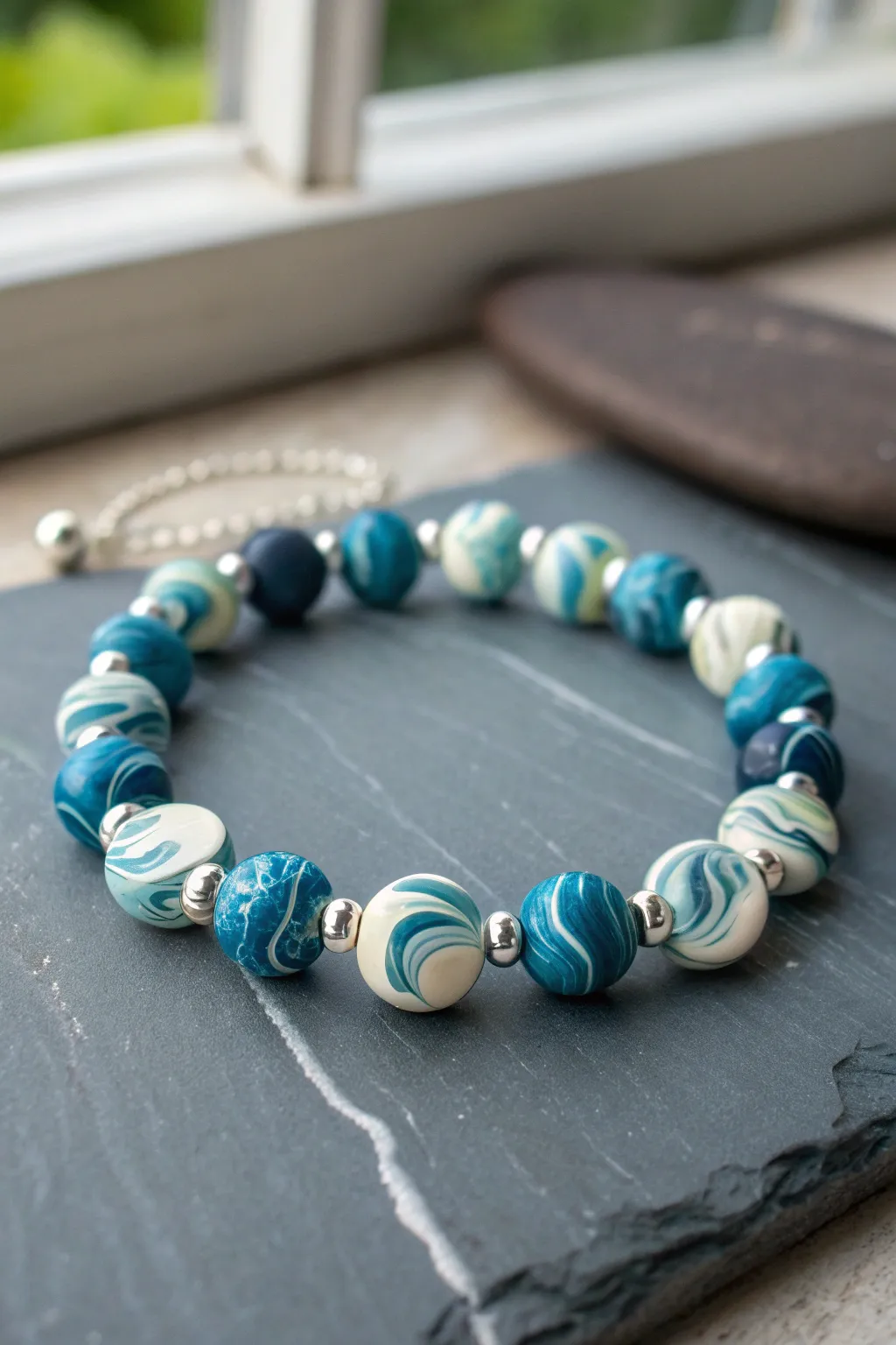 Deep sea marbled clay disc beads in navy, teal, and white for a minimalist bracelet look