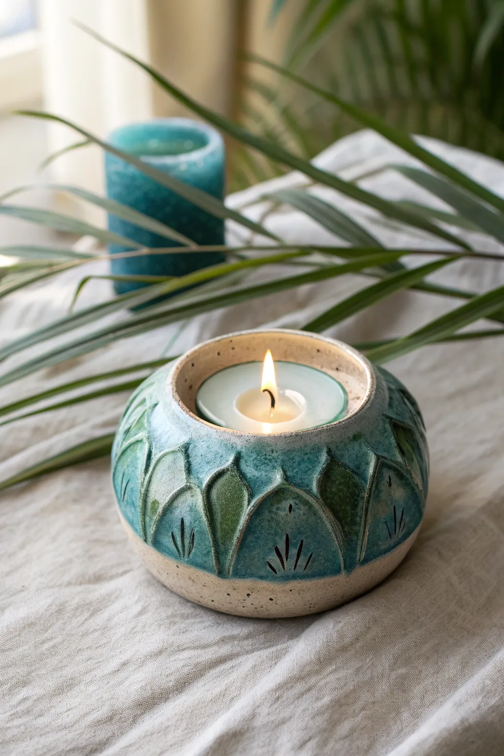 Kelp forest candle holder in layered sea greens, softly glowing for cozy ocean-inspired calm.