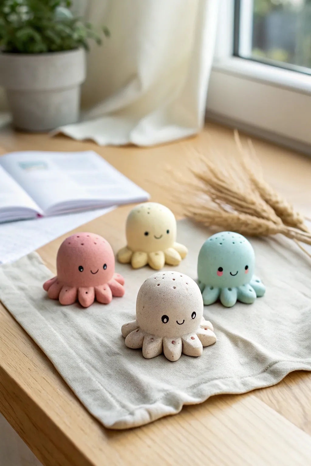 Four pastel clay octopus desk buddies, minimalist Scandinavian vibe with a soft boho touch