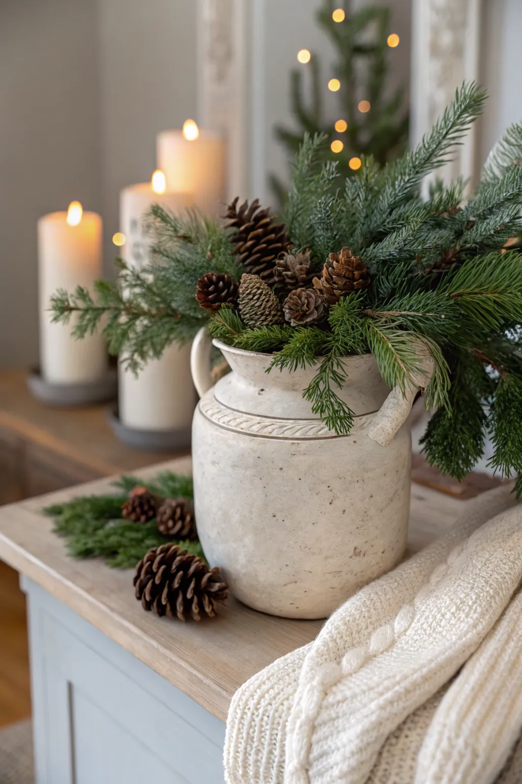 Old crock turned winter decor with evergreens and pinecones in warm, minimalist candlelight