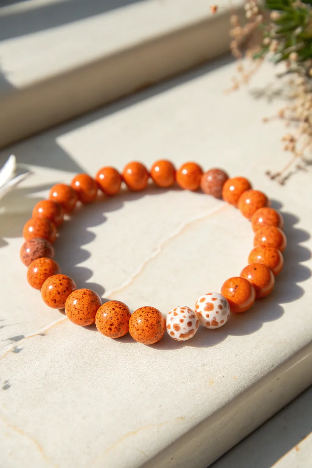 Orange terrazzo speckle clay bead bracelet on warm ivory backdrop, minimalist boho charm.