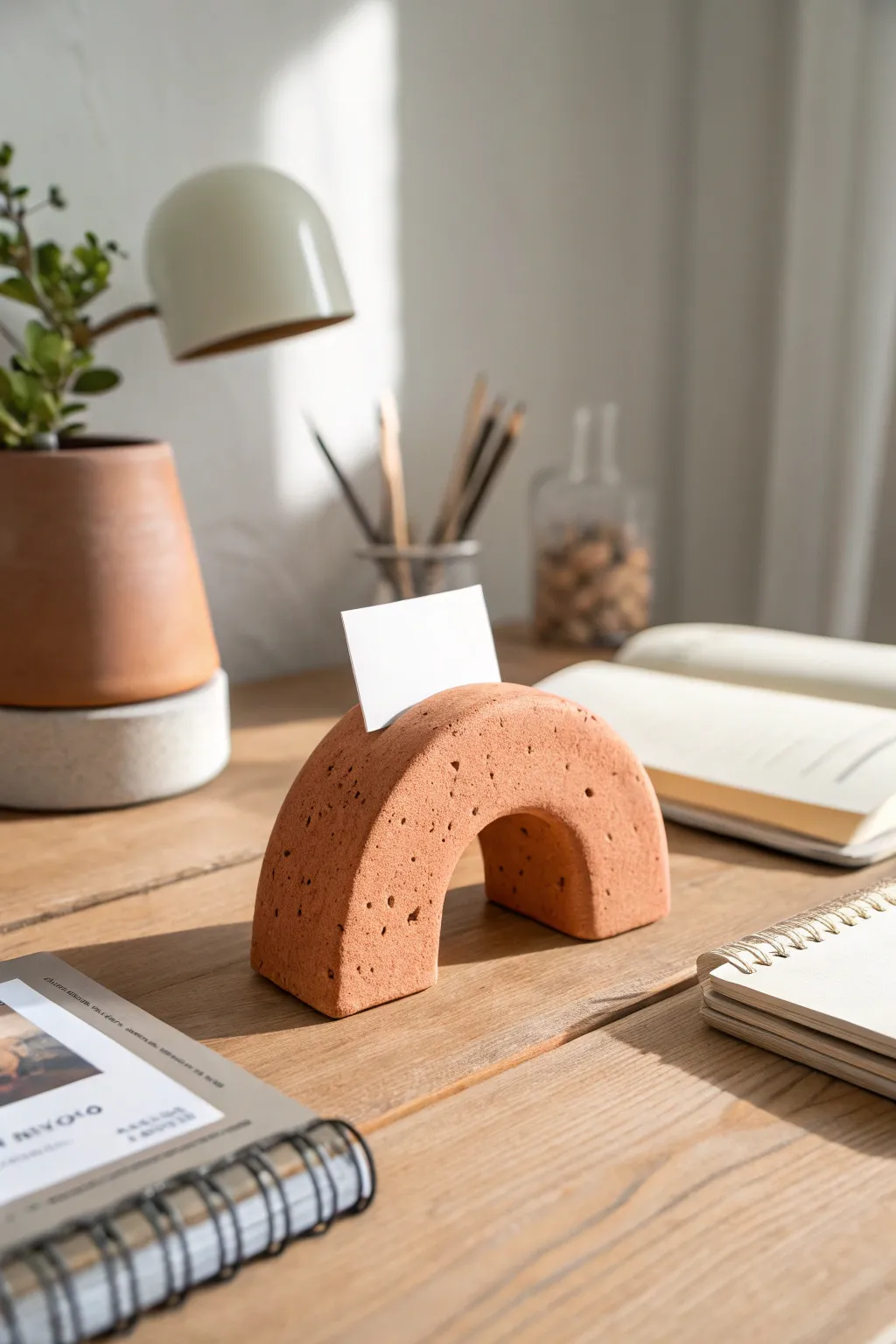 Simple arch clay card holder in warm terracotta, a minimalist desk accent with boho calm.