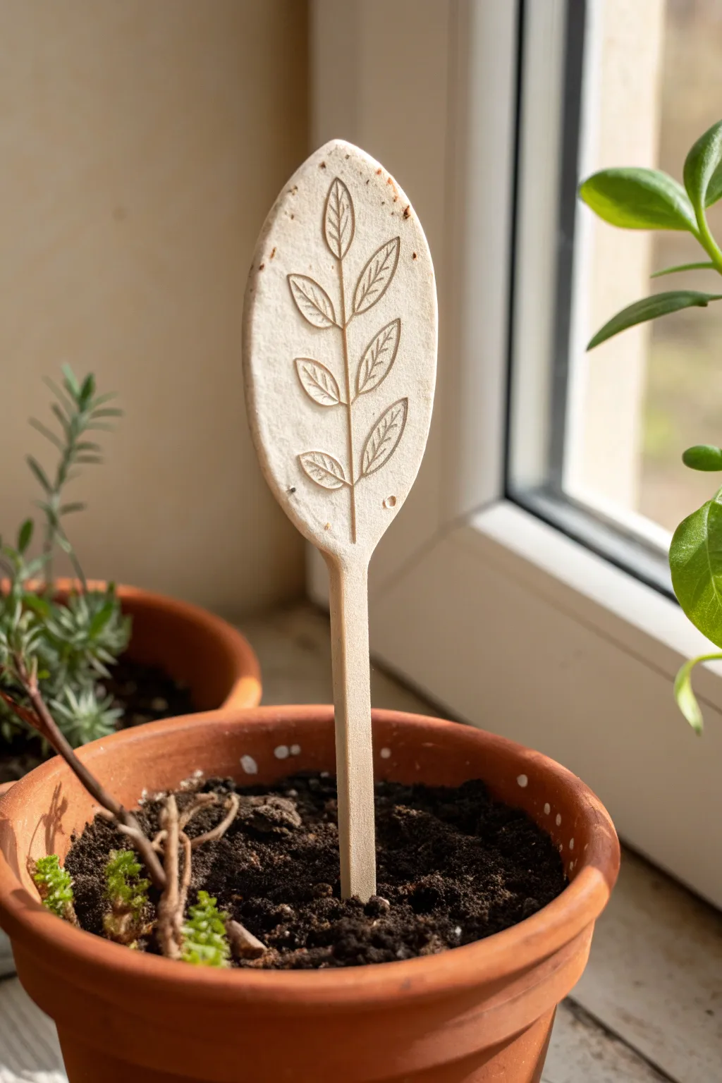 Simple oven-bake clay garden marker in a cozy pot, minimalist and handmade with natural contrast