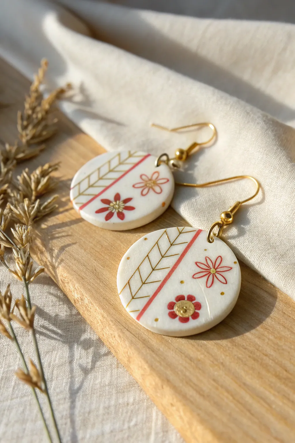 Minimal cane-slice polymer clay dangle earring with crisp pattern, soft boho Scandinavian vibe