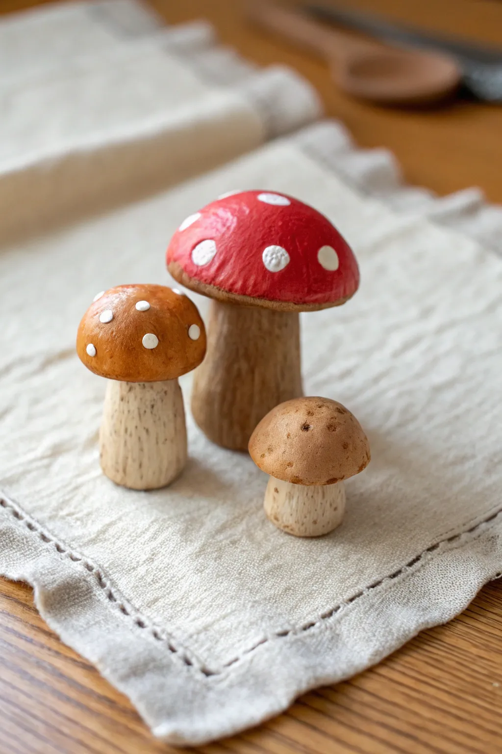 Whimsical oven-bake clay mushroom cluster magnet in earthy tones, styled minimalist on linen.