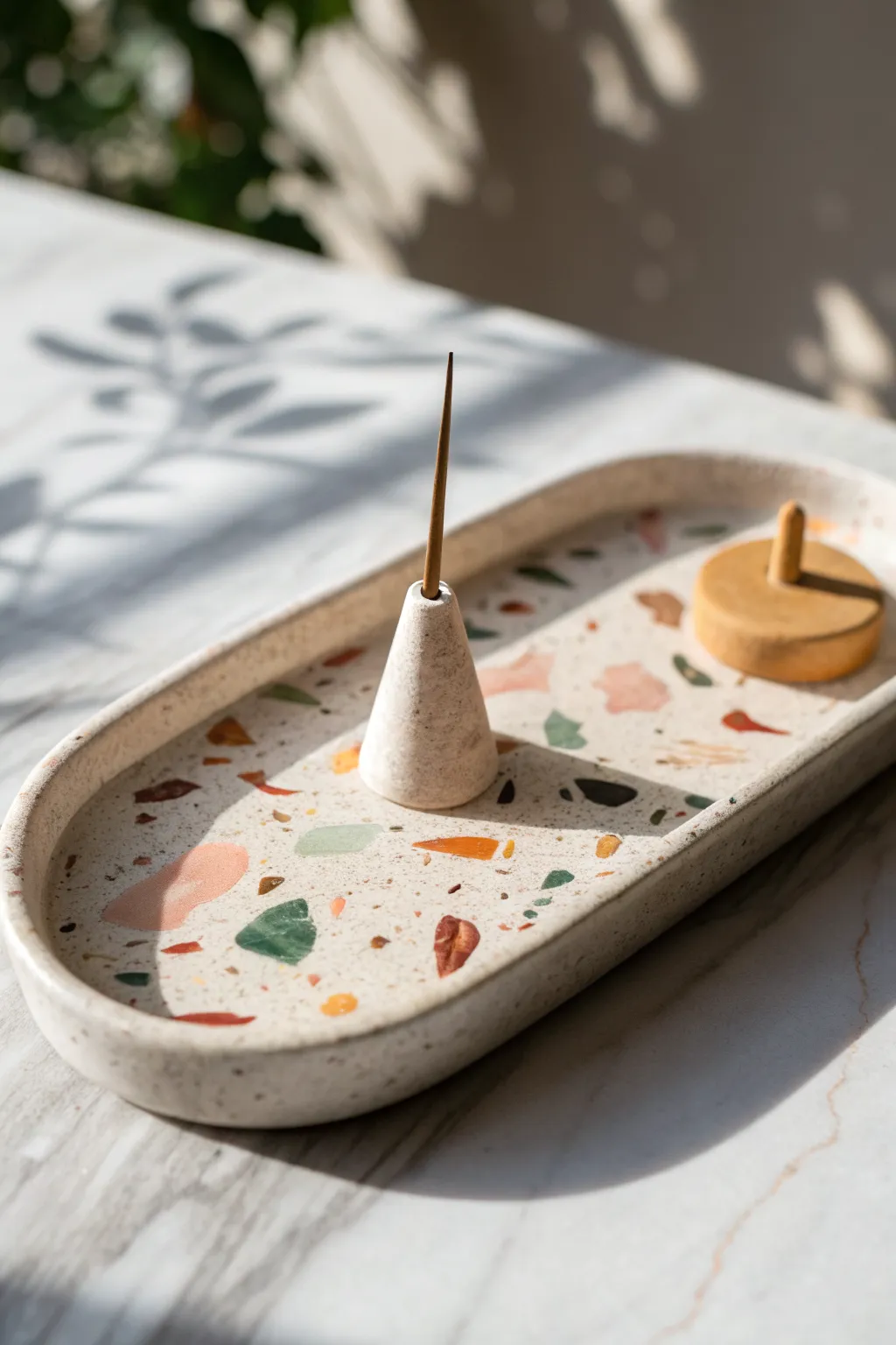 Minimal terrazzo polymer clay incense holder with one incense stick for cozy Scandinavian calm