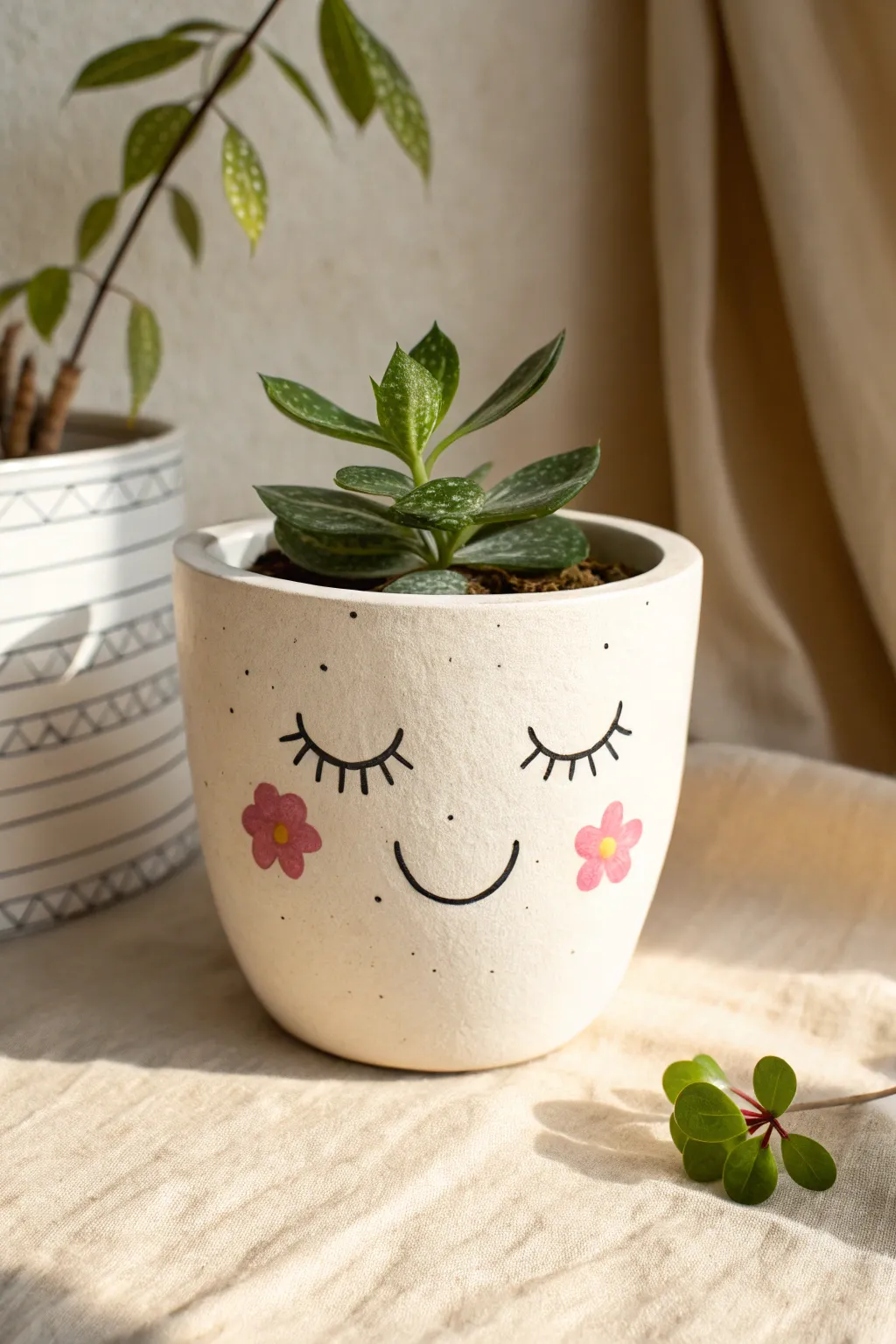 Adorable face pot with flower cheeks and leafy hair, a simple DIY look for any windowsill