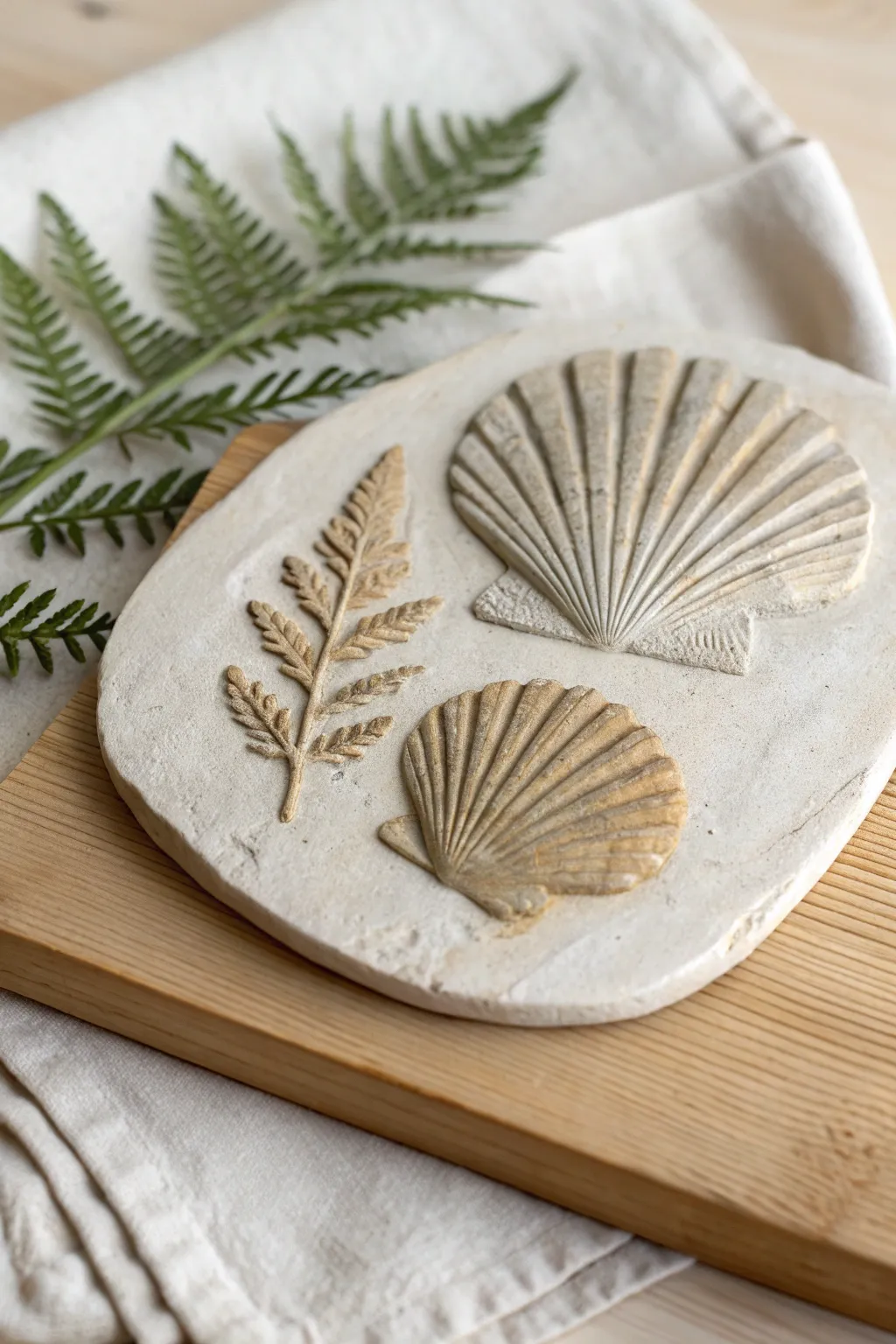Minimal paper clay faux fossil plaque with botanical impressions in soft stone tones