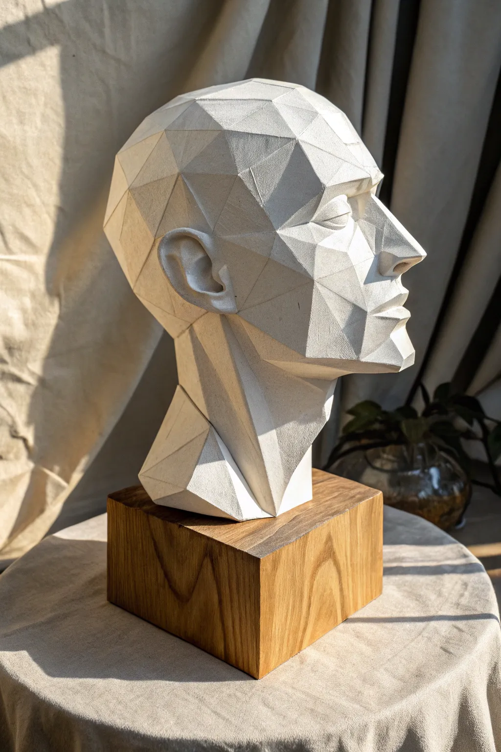 Faceted paper clay head sculpture with dramatic side light for bold geometric contrast