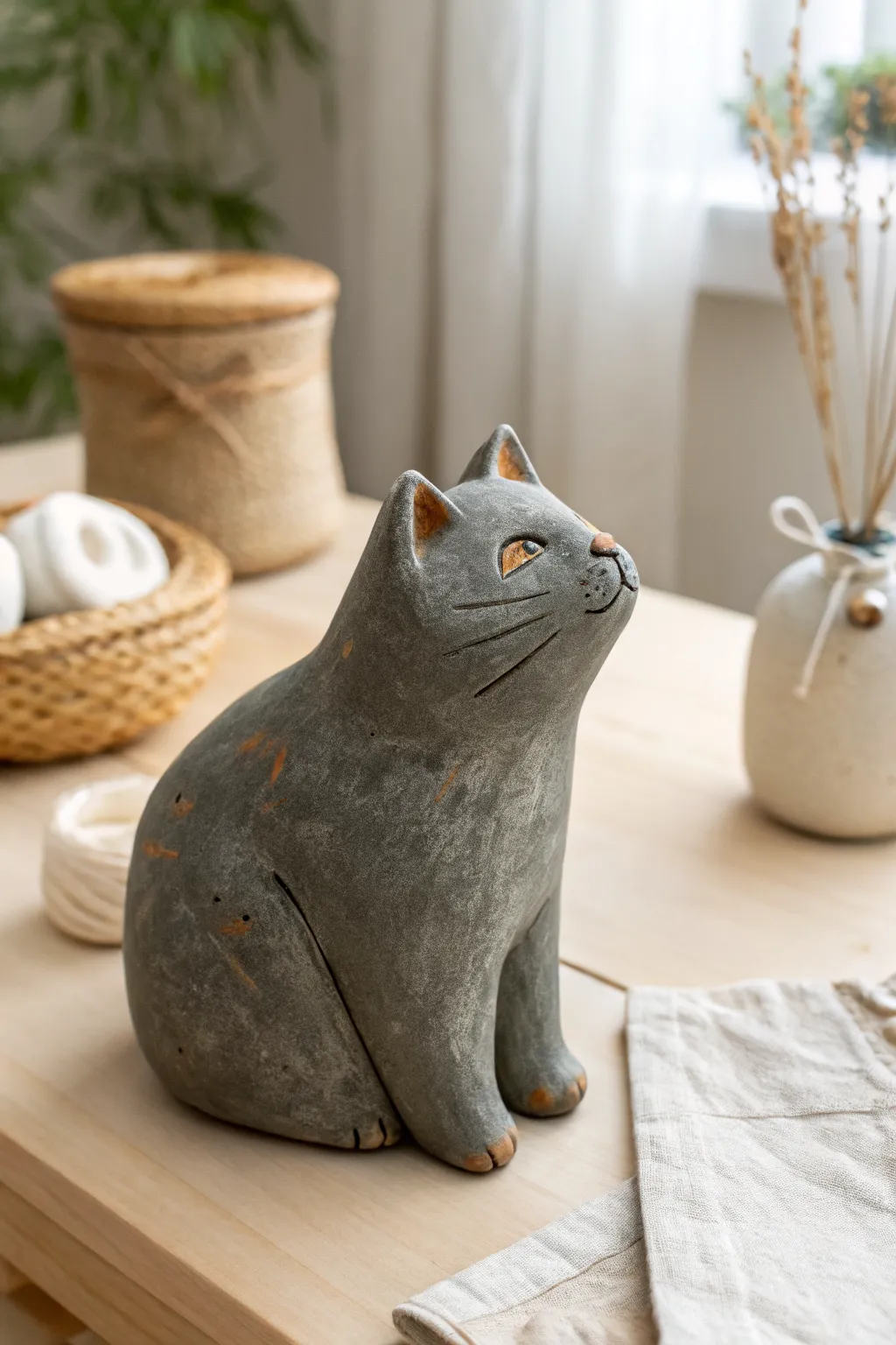 Chunky paper mache clay cat figurine with simple paint, minimalist Scandinavian warmth and boho ease