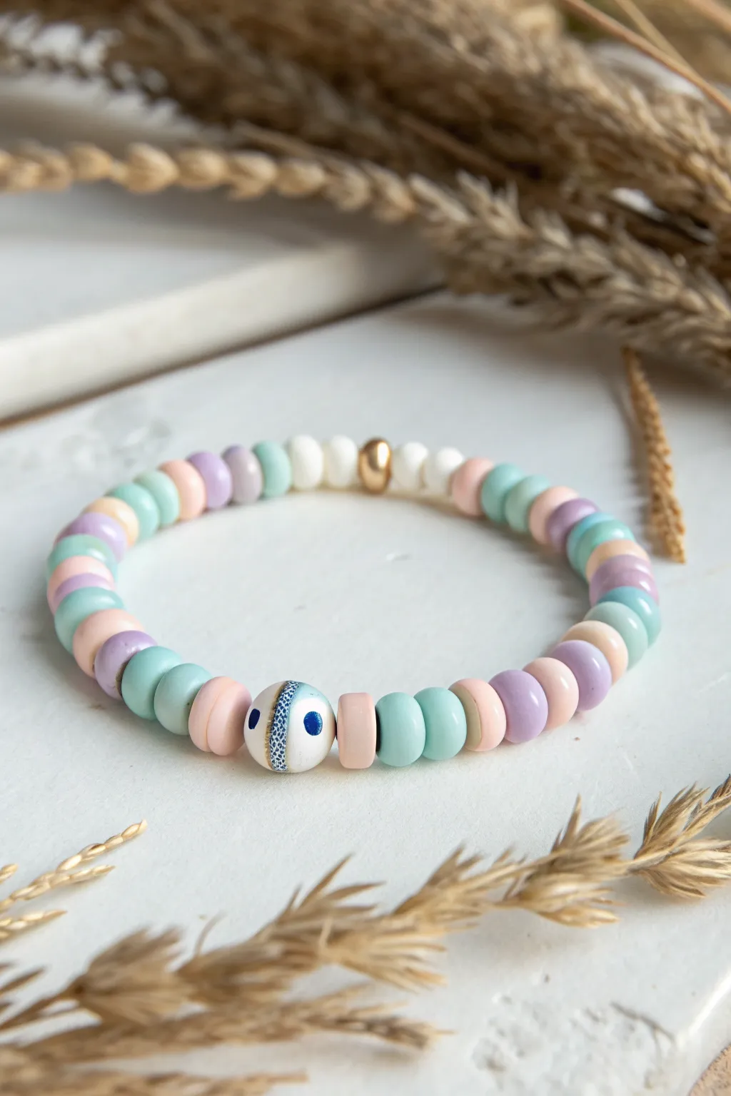 Soft pastel clay bracelet with a calm evil eye center bead for a minimalist boho look