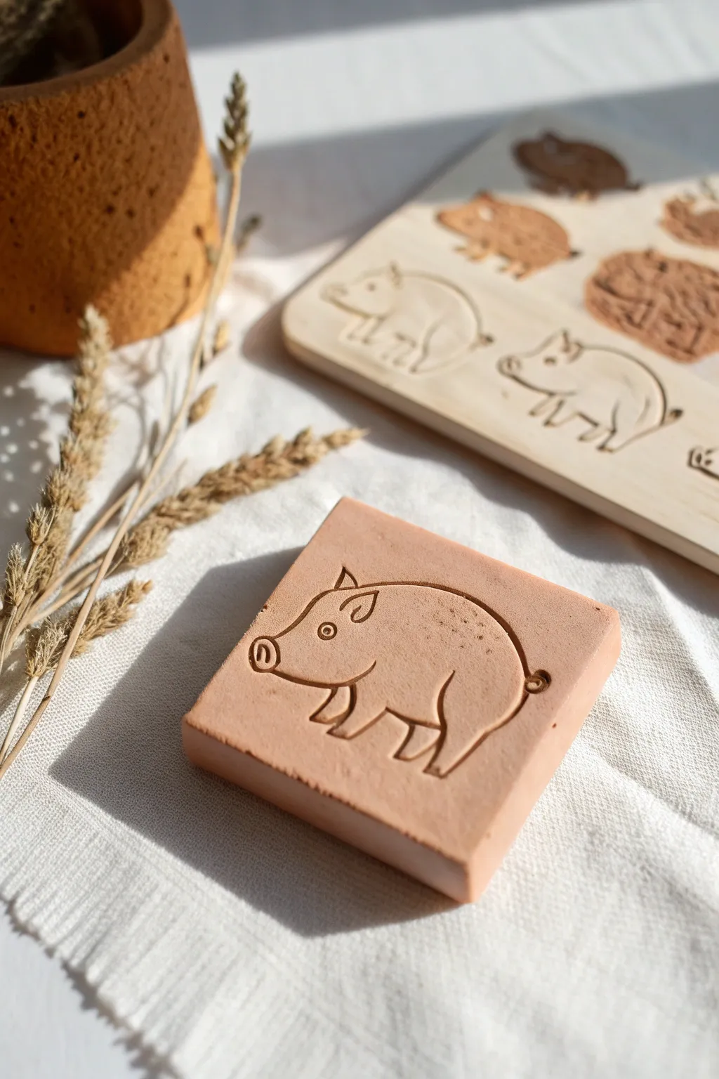 Chunky pig snout stamp with crisp repeating impressions, minimalist styling for easy clay play