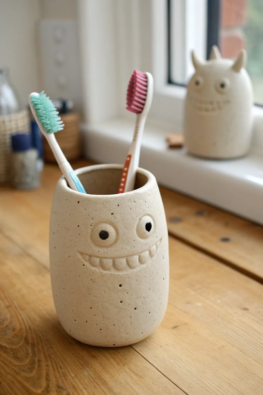 Minimal pinch pot monster mouth cup with neat toothbrush holes, calm Scandinavian boho style