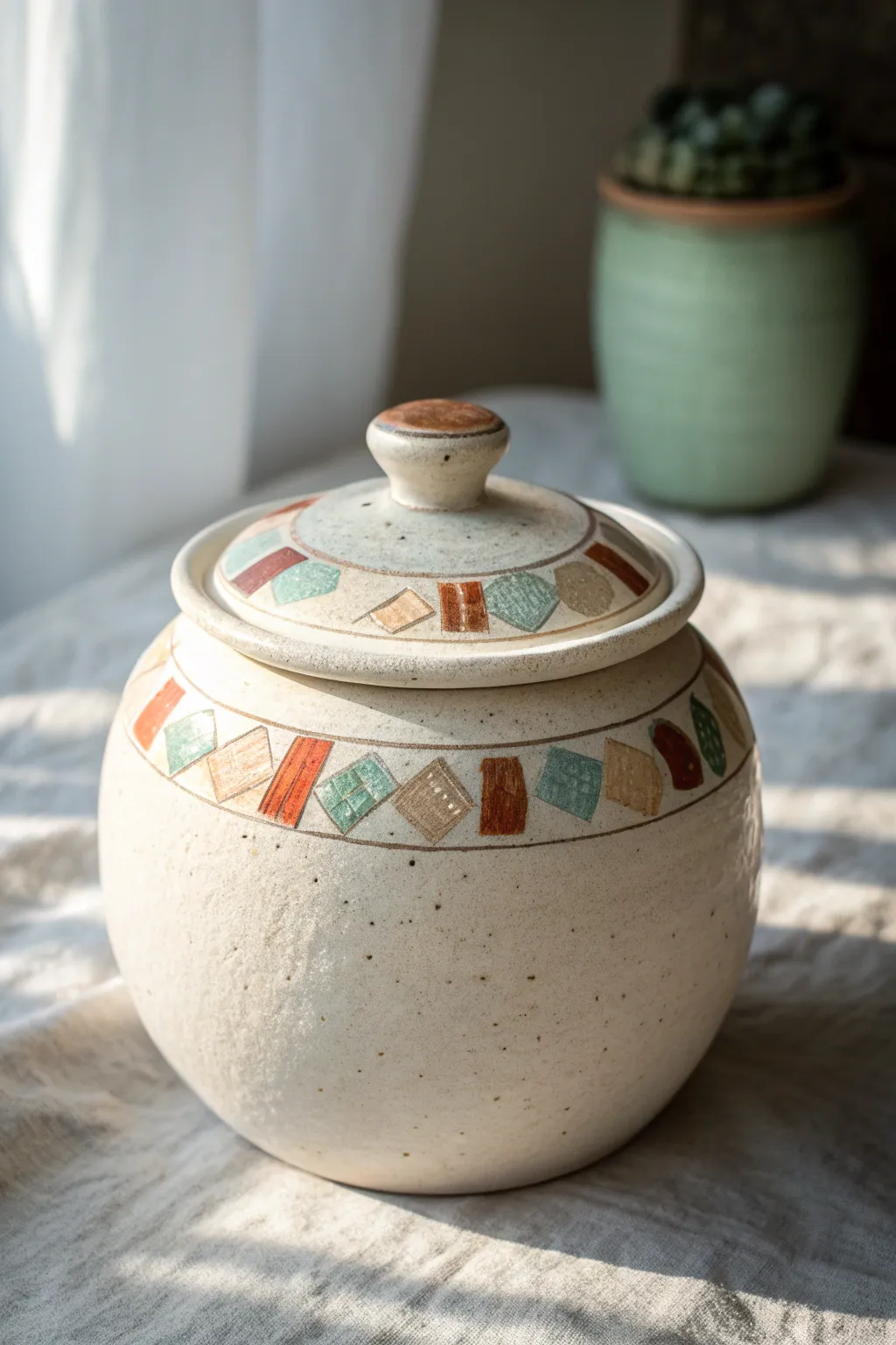 Minimal pinch pot jar with a mosaic-look lid, simple pressed-in bits for an easy handmade finish