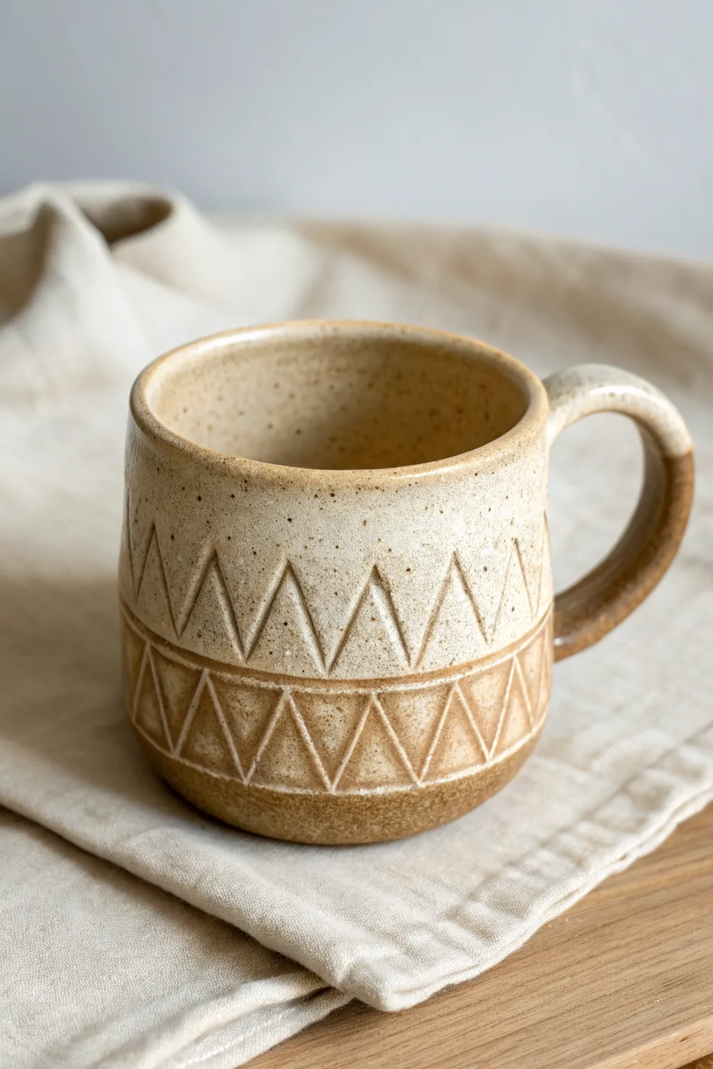 Minimalist pinch pot mug with carved geometric triangles for bold, shadowed texture.