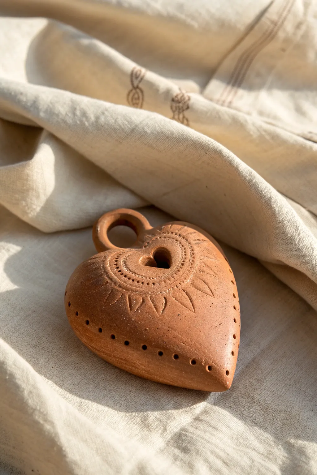 Minimal heart-shaped pinch pot rattle with carved accents, styled in soft linen light