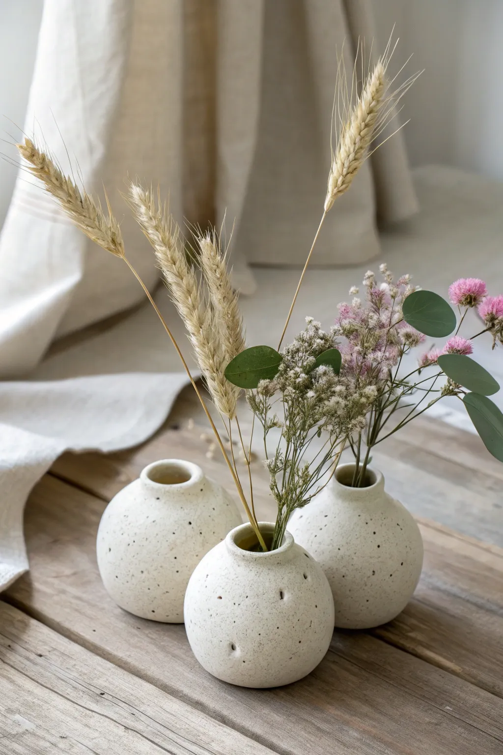 Triple-bud pinch pot vase cluster styled with three stems for an effortless mini bouquet moment
