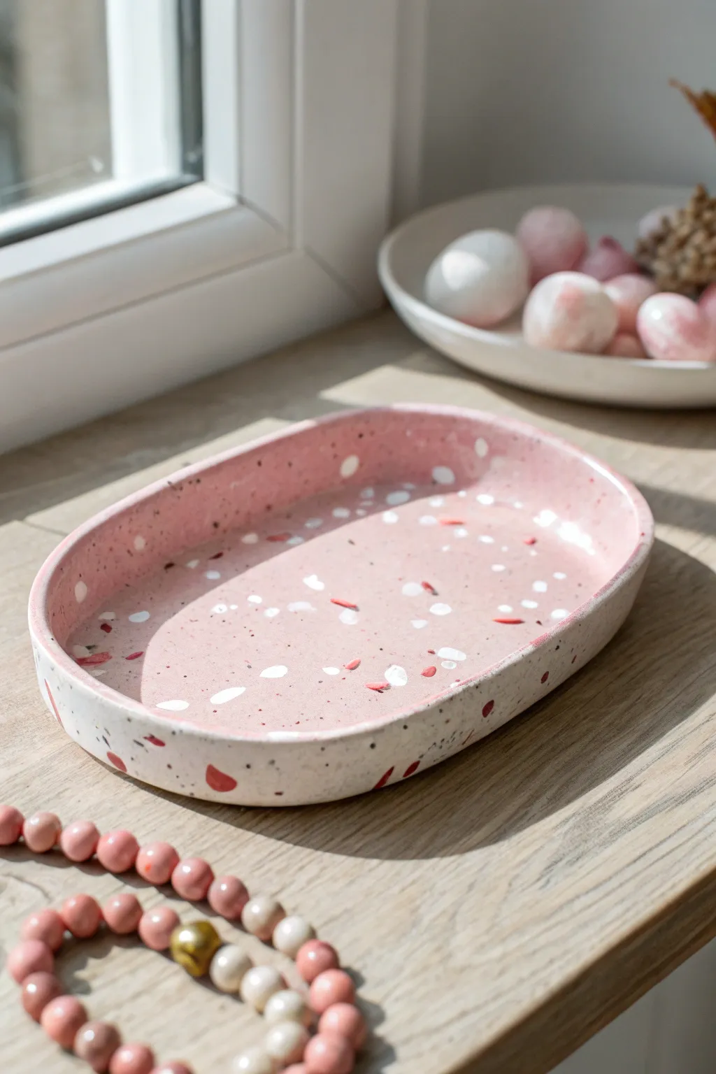 Pink terrazzo air dry clay trinket tray with soft speckles, minimalist and boho on a clean table