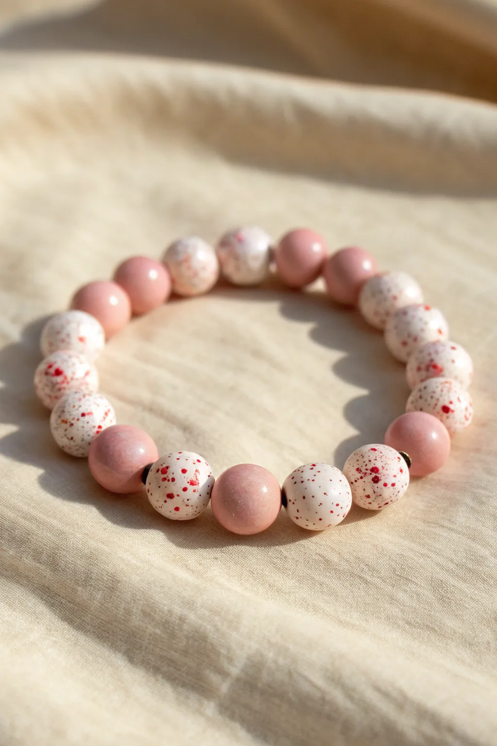 Blush pink clay bracelet with confetti-style rose and white beads for a sweet minimalist look.