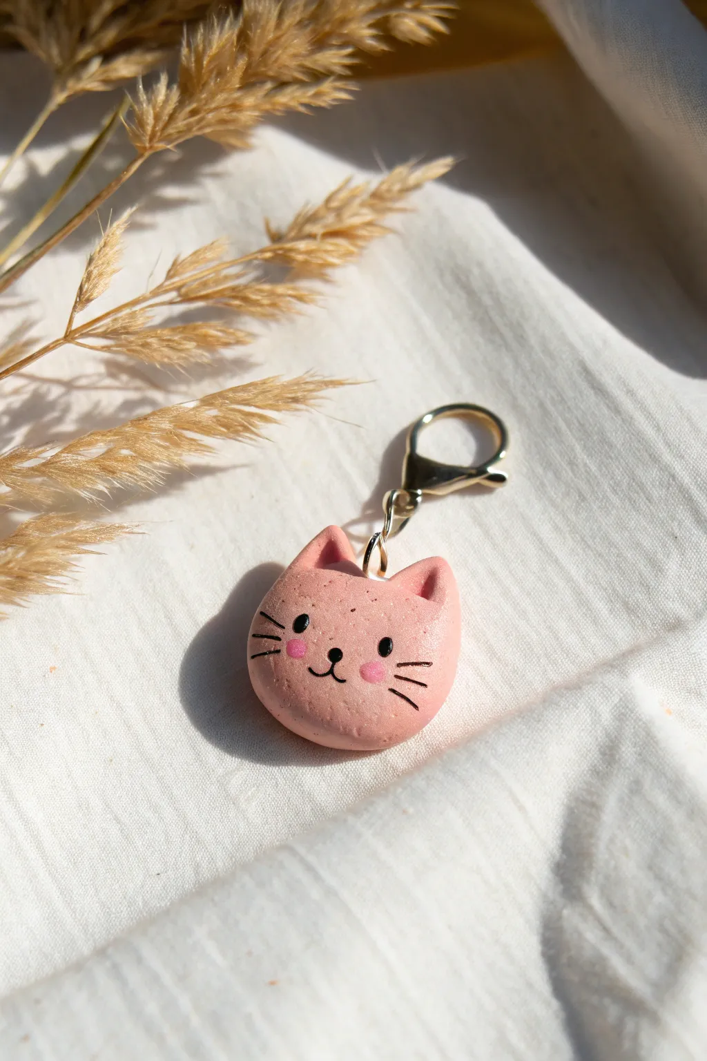 Minimal pink clay cat head phone charm with blush cheeks and a simple loop, sweet and chic
