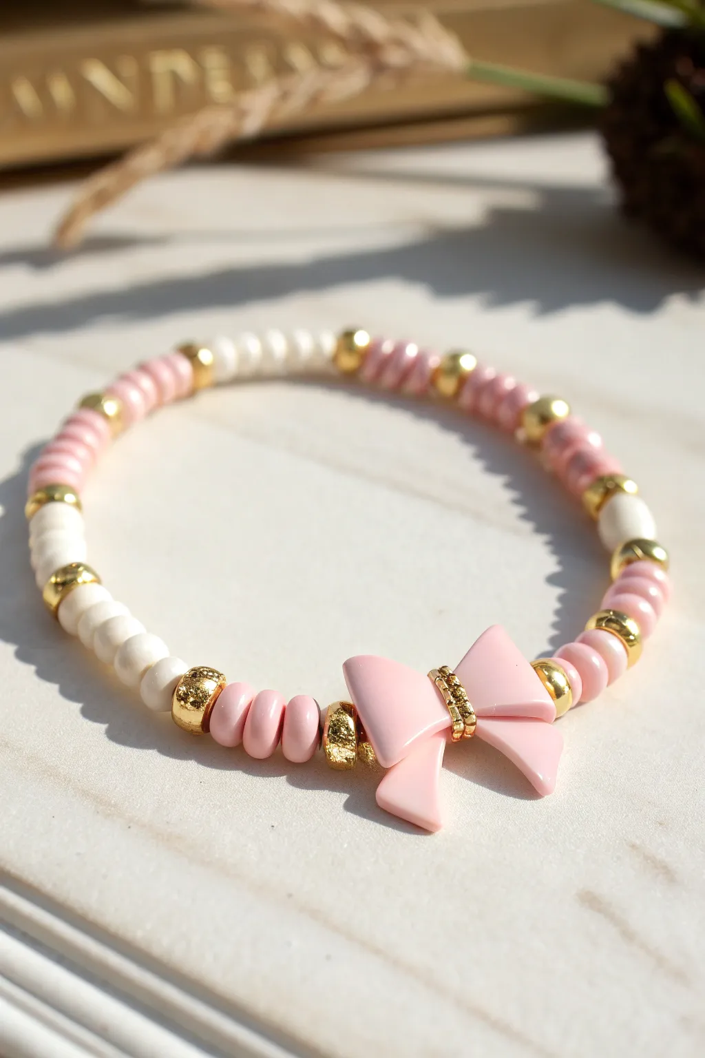 Soft pink heishi bracelet with a sweet bow centerpiece and gleaming gold spacers.